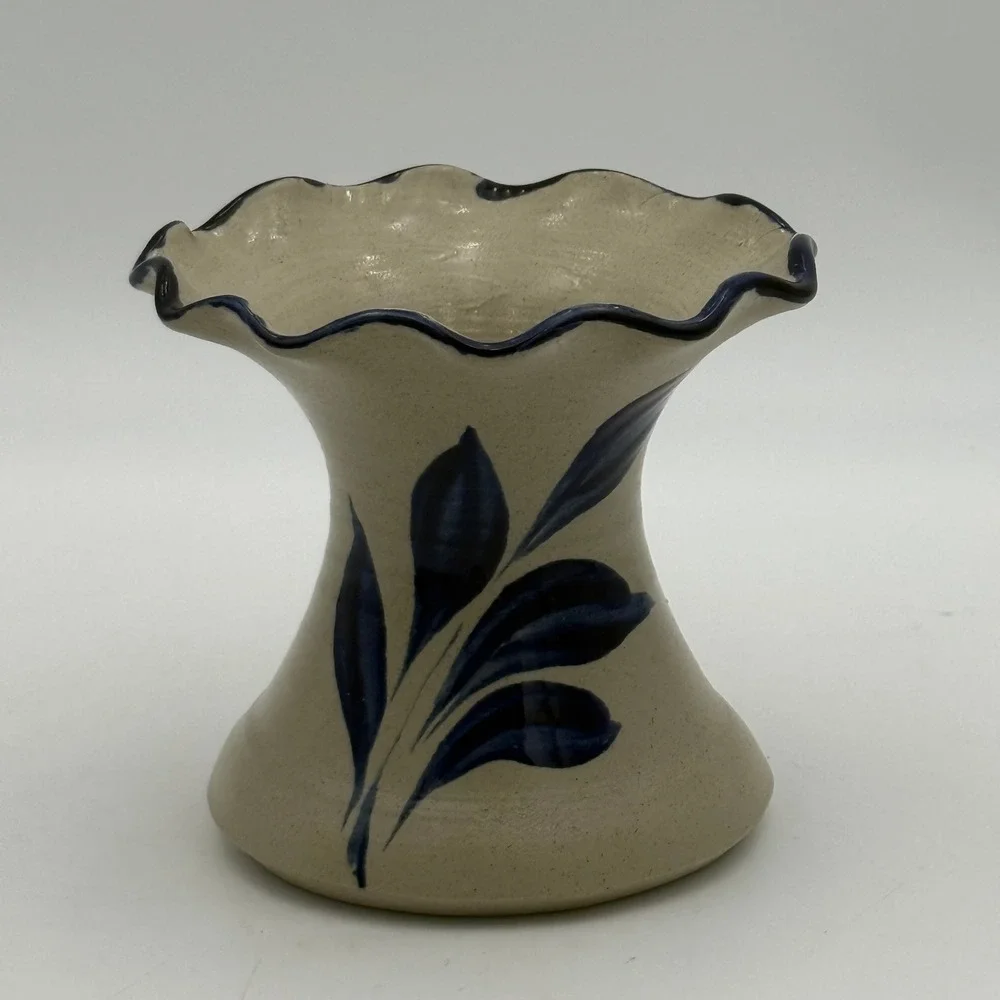 WPF Pottery 2001 Blue Leaf Salt Glaze Stoneware Ruffled Vase Farmhouse Decor